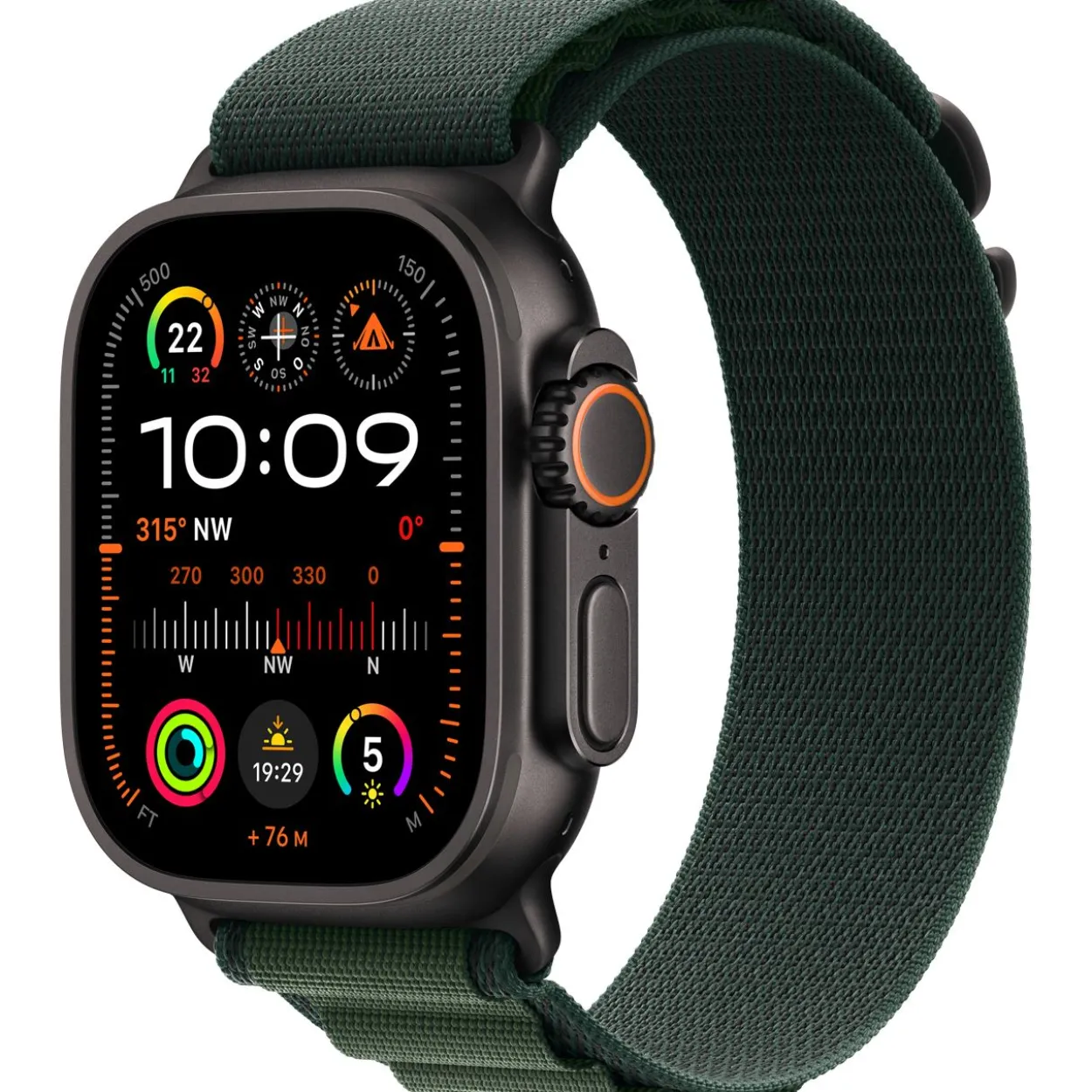 Apple Watch Ultra 2 GPS + Cellular 49mm Black Titanium Case with Dark Green Alpine Loop - Medium