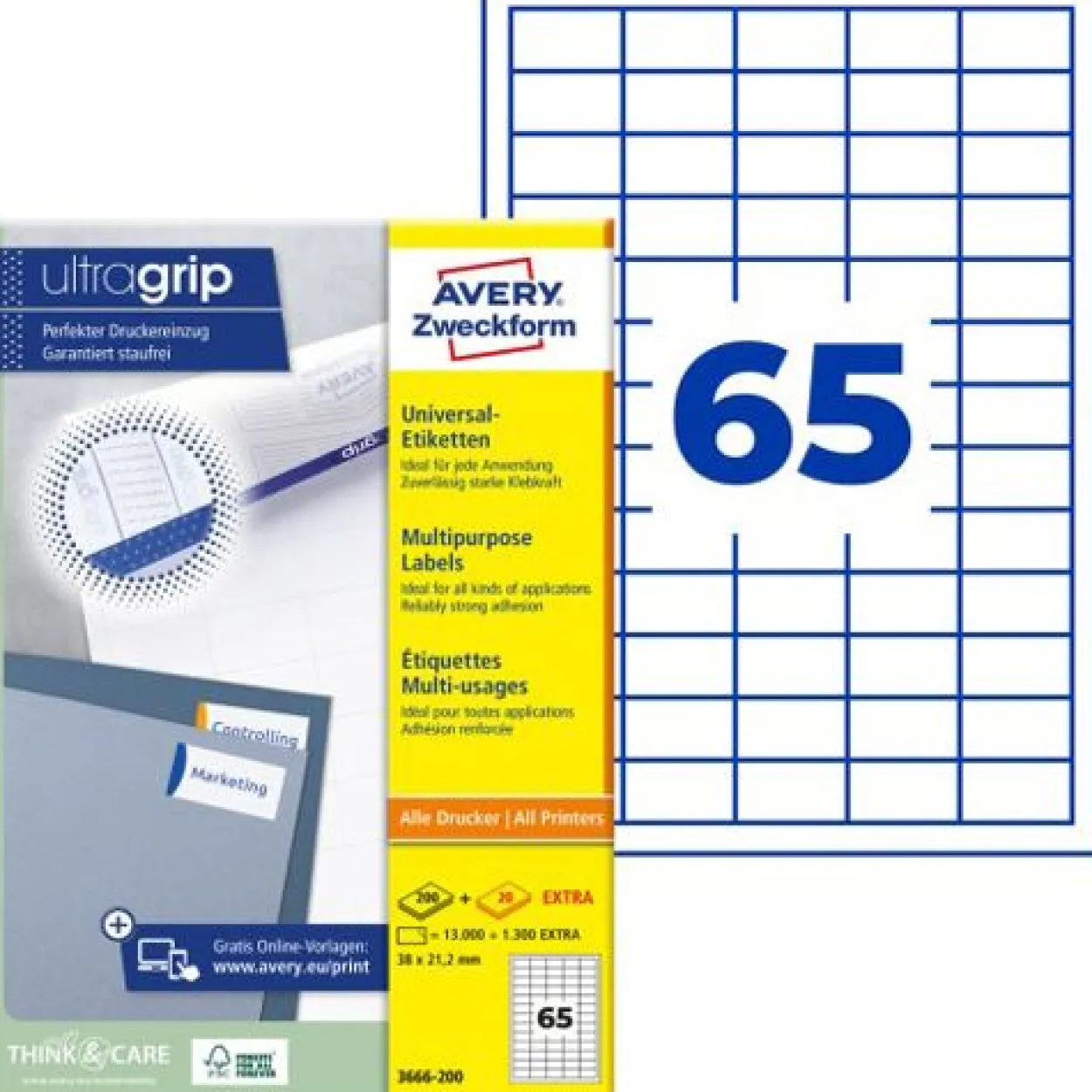 AVERY Zweckform 14.300 Etiketten 3666-200 weiß 38,0 x 21,2 mm