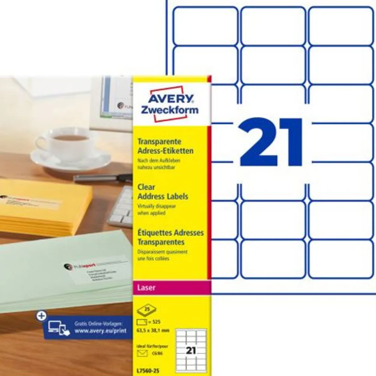AVERY Zweckform Transparente Adress-Etiketten, 63,5 x 38,1mm Laser/Tinte 525