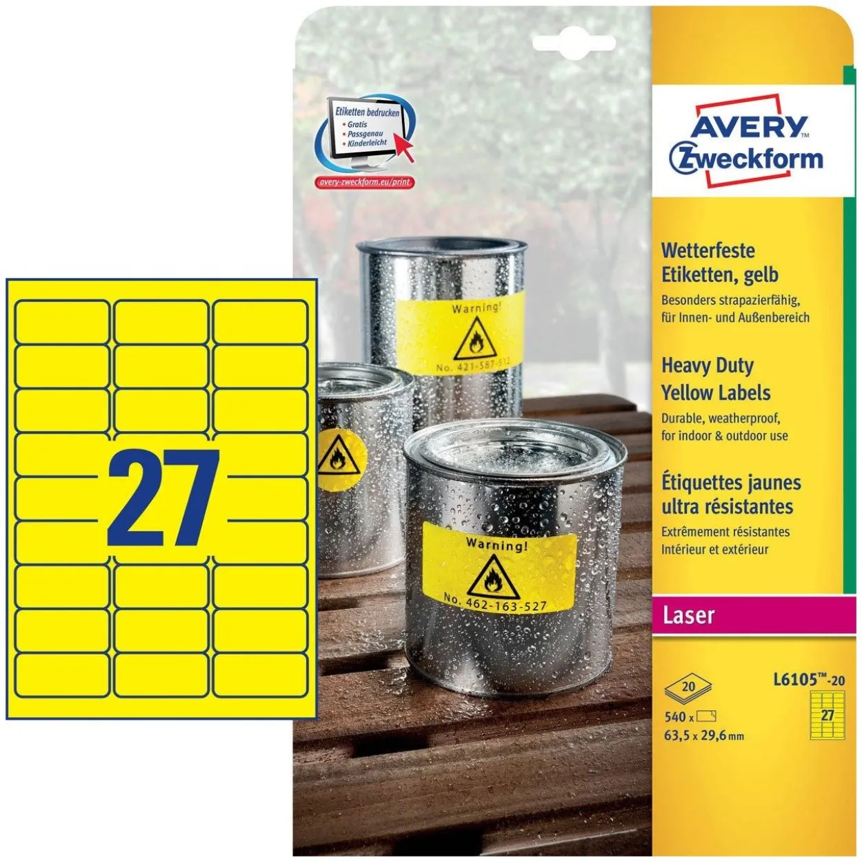 AVERY Zweckform 540 wetterfeste Folienetiketten L6105-20 gelb 63,5 x 29,6 mm
