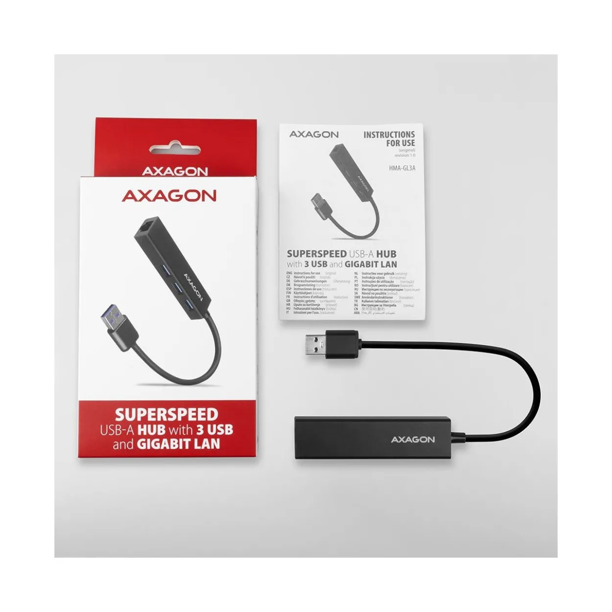 AXAGON HMA-GL3A Multiport-Hub, USB 3.0 Typ A, Gbit-LAN, 3x USB-A, microSD