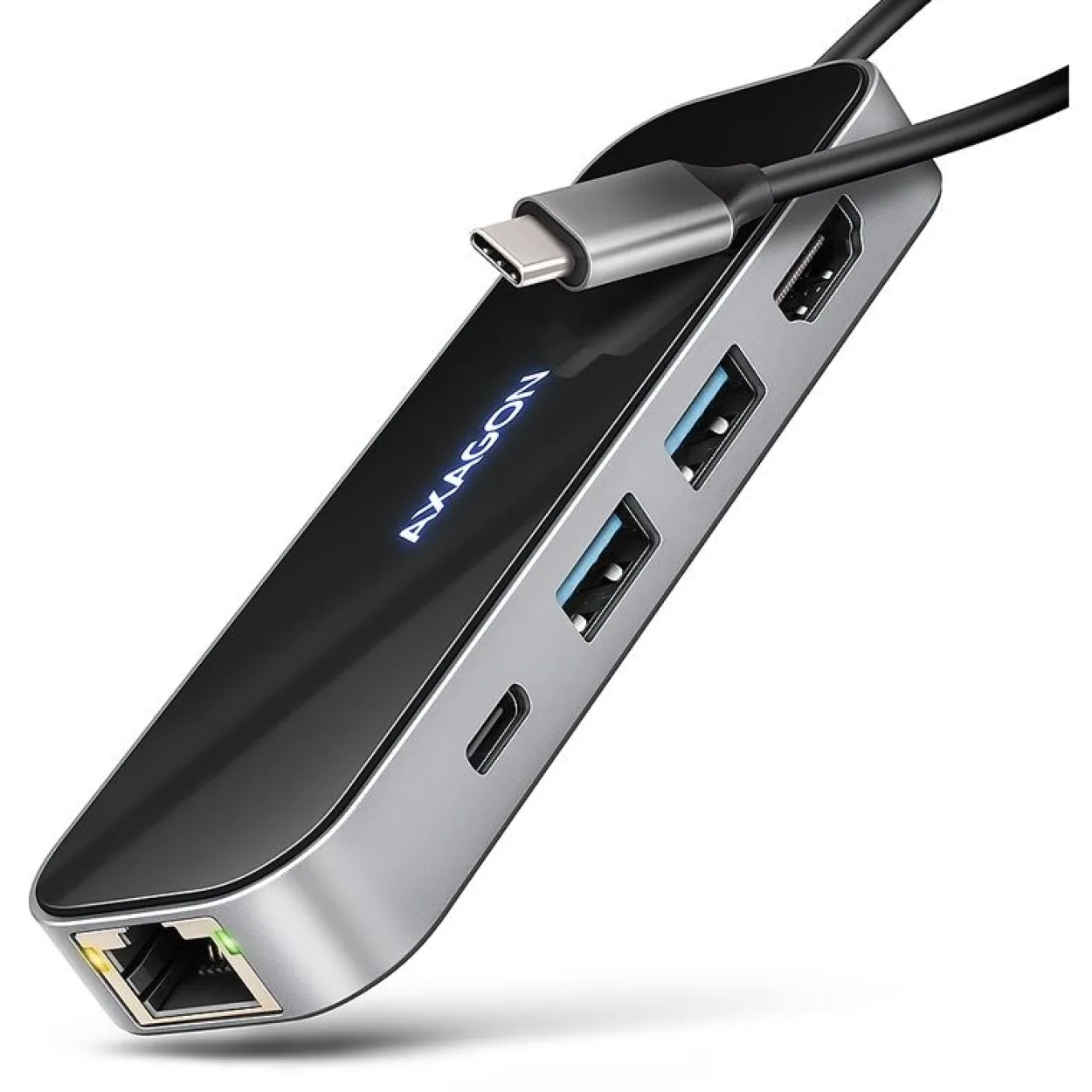 AXAGON HMC-6GLN USB-Hub, 2x USB-A, 1x USB-C, 1x HDMI 2.0, 1x RJ45, 100 W PD silber