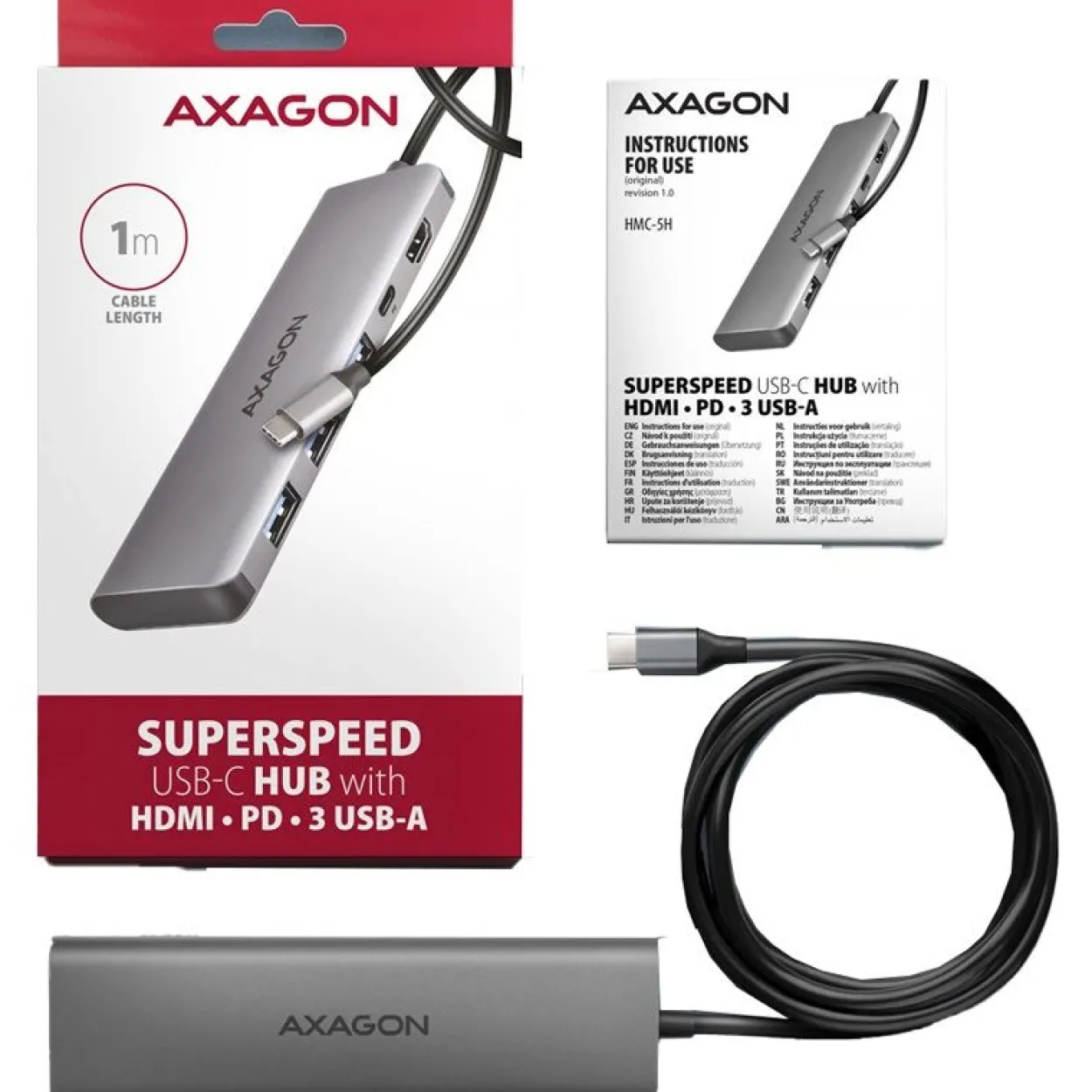 AXAGON HMC-5H USB-C 3.2 Gen 1 hub, 3x USB-A, 4K HDMI, PD 100W - Silber