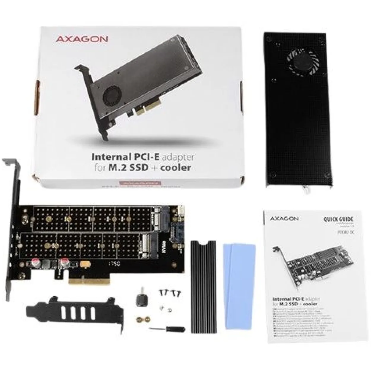 AXAGON PCEM2-DC PCIe-3.0-x4-Adapter, 1x M.2-NVMe, 1x M.2-SATA, bis 22110 - aktive Kühlung
