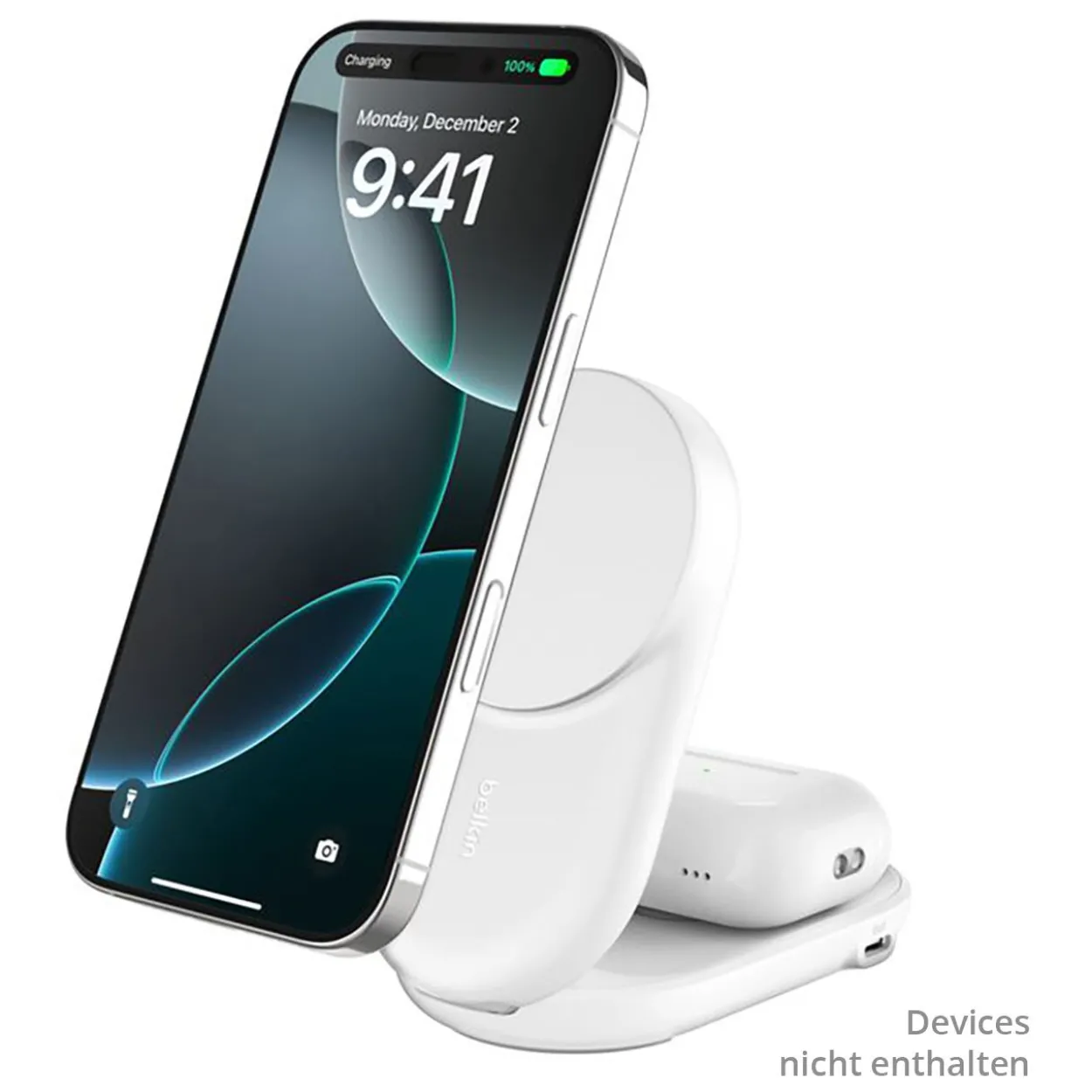 Belkin ULTRACHARGE 25 WATT QI2 MAGNETIC 2-IN-1 LADESTATION KLAPPBAR RUND WEISS