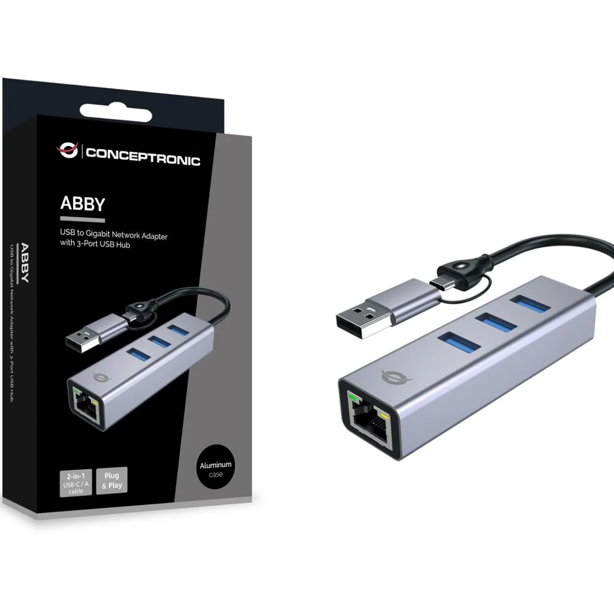 Conceptronic Adapter USB-C/-A3.0->GbE+3x-A3.0 5Gbs gr