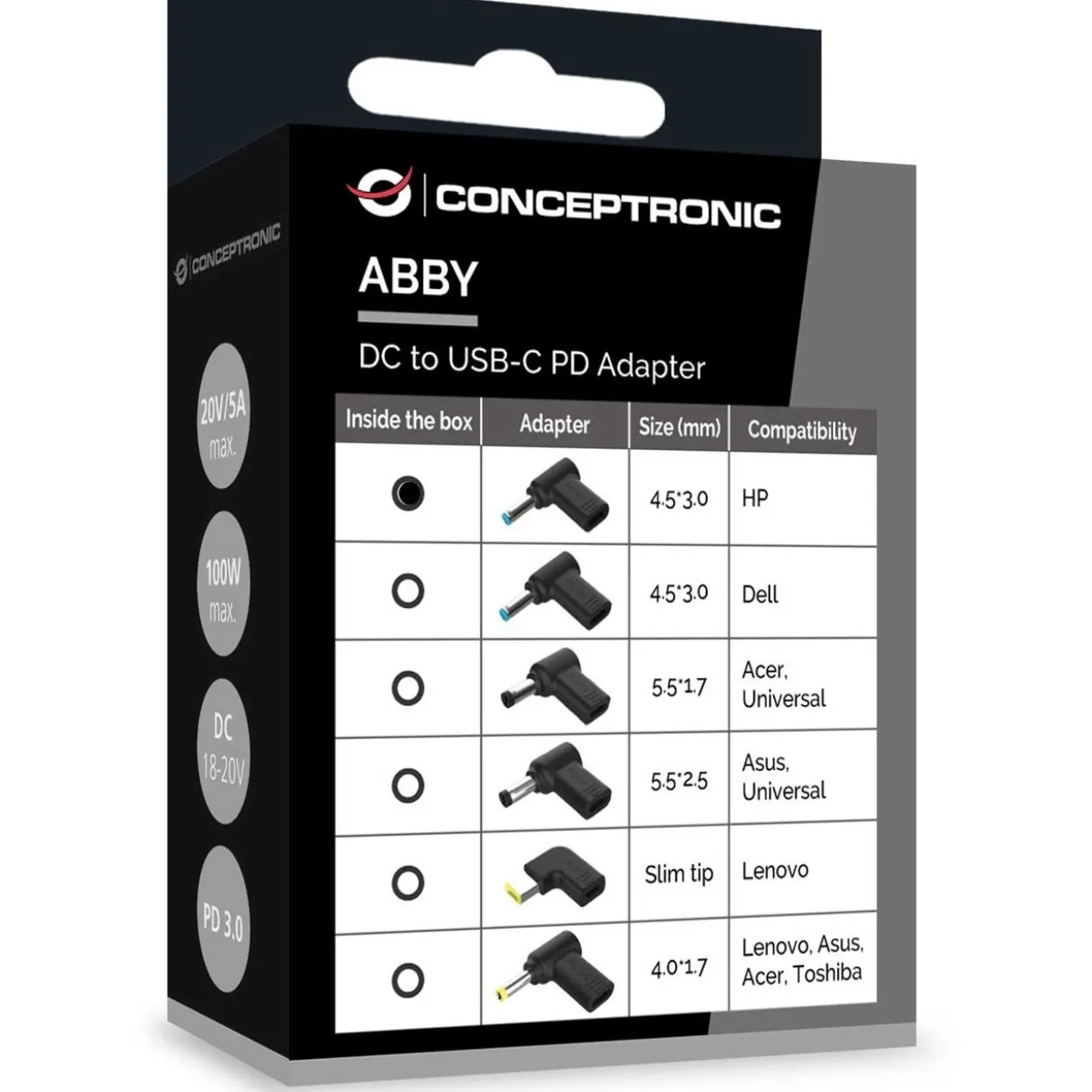 Conceptronic Adapter USB-C -> DC, HP 4.5x3.0mm 18-20V sw