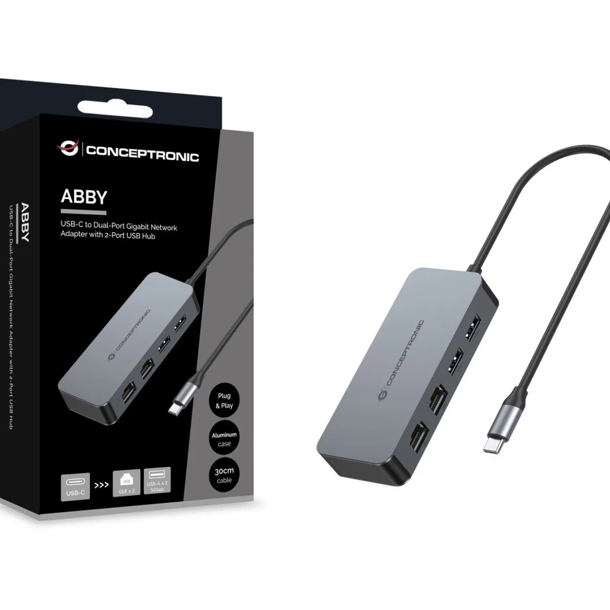 Conceptronic Adapter USB-C->2xGbE+2xUSB-A3.2 5Gbs 0.30m gr