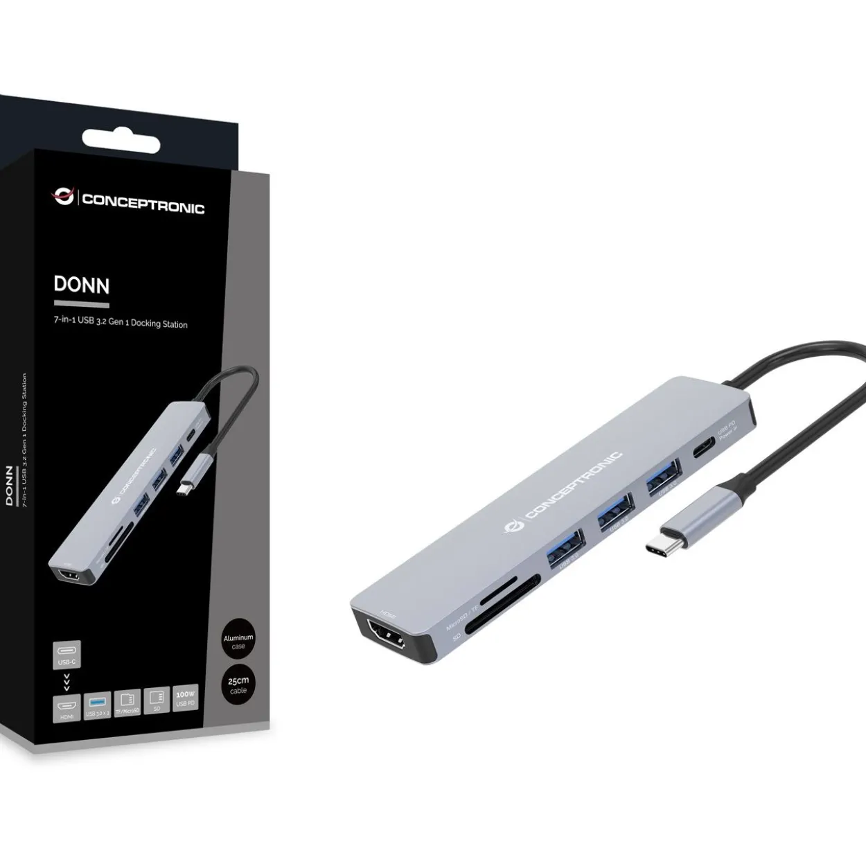 CONCEPTRONIC Dock USB-C->HDMI,USB3.0,100WPD 7-in-1 0.25m