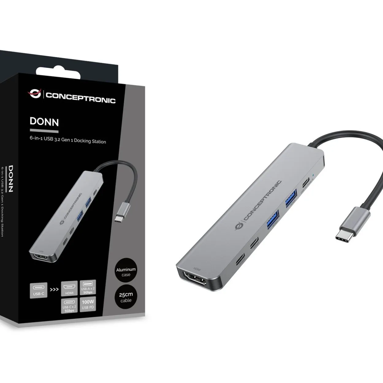 Conceptronic 6-1 Dock USB-C->HDMI,2xUSB-A,3xUSB-C,+ 25cm gr