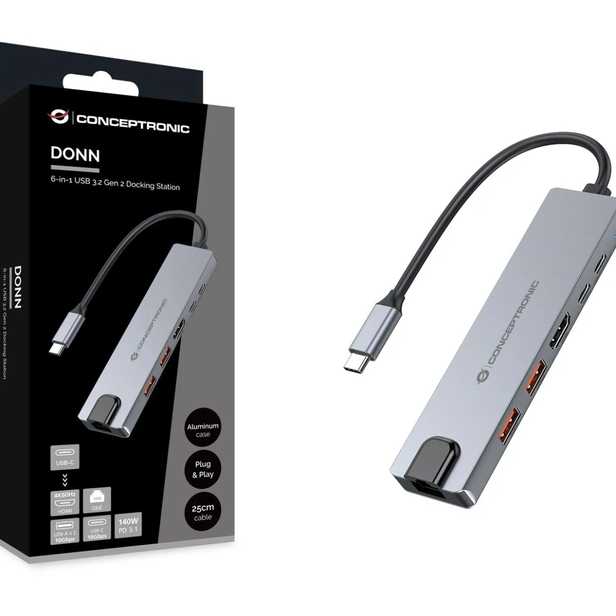 Conceptronic 6-1 Dock USB-C->HDMI,2xUSB-A,USB-C,+ 25cm si