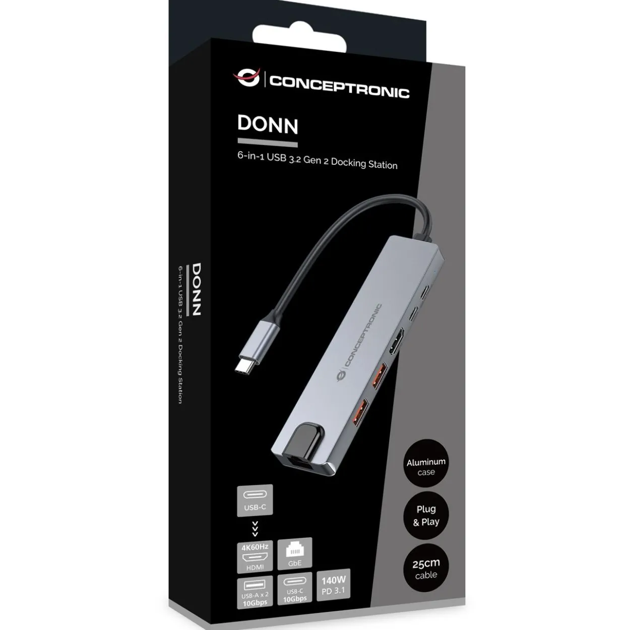 Conceptronic 6-1 Dock USB-C->HDMI,2xUSB-A,USB-C,+ 25cm si