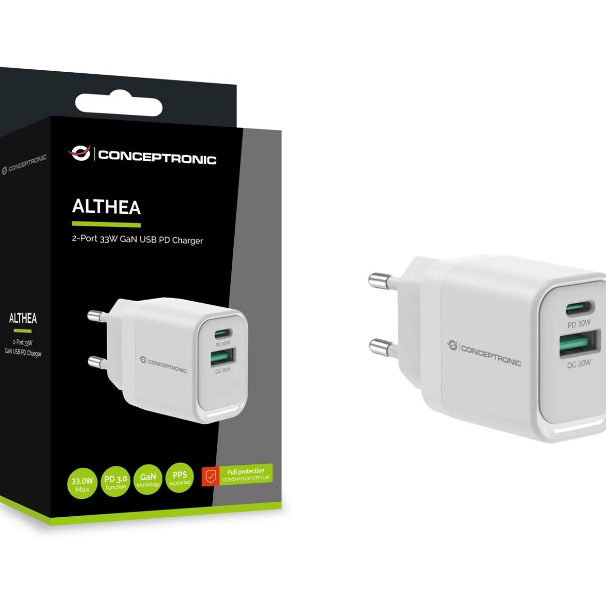 Conceptronic Ladegerät 2Port 33W,1xUSB-C,1xUSB-A weiß