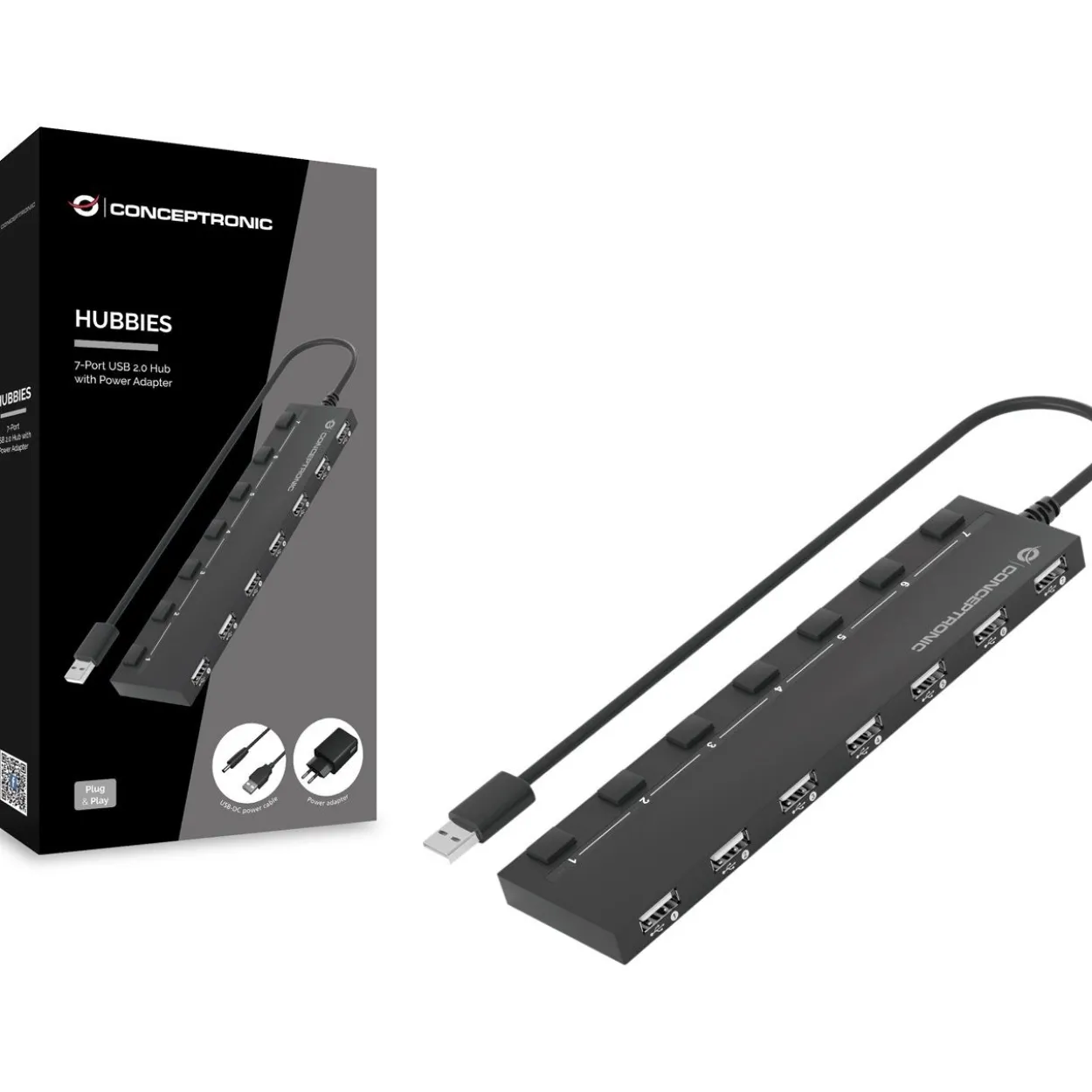 Conceptronic USB-Hub 7-Port 2.0 ->7x2.0 extra m.Netzteil sw