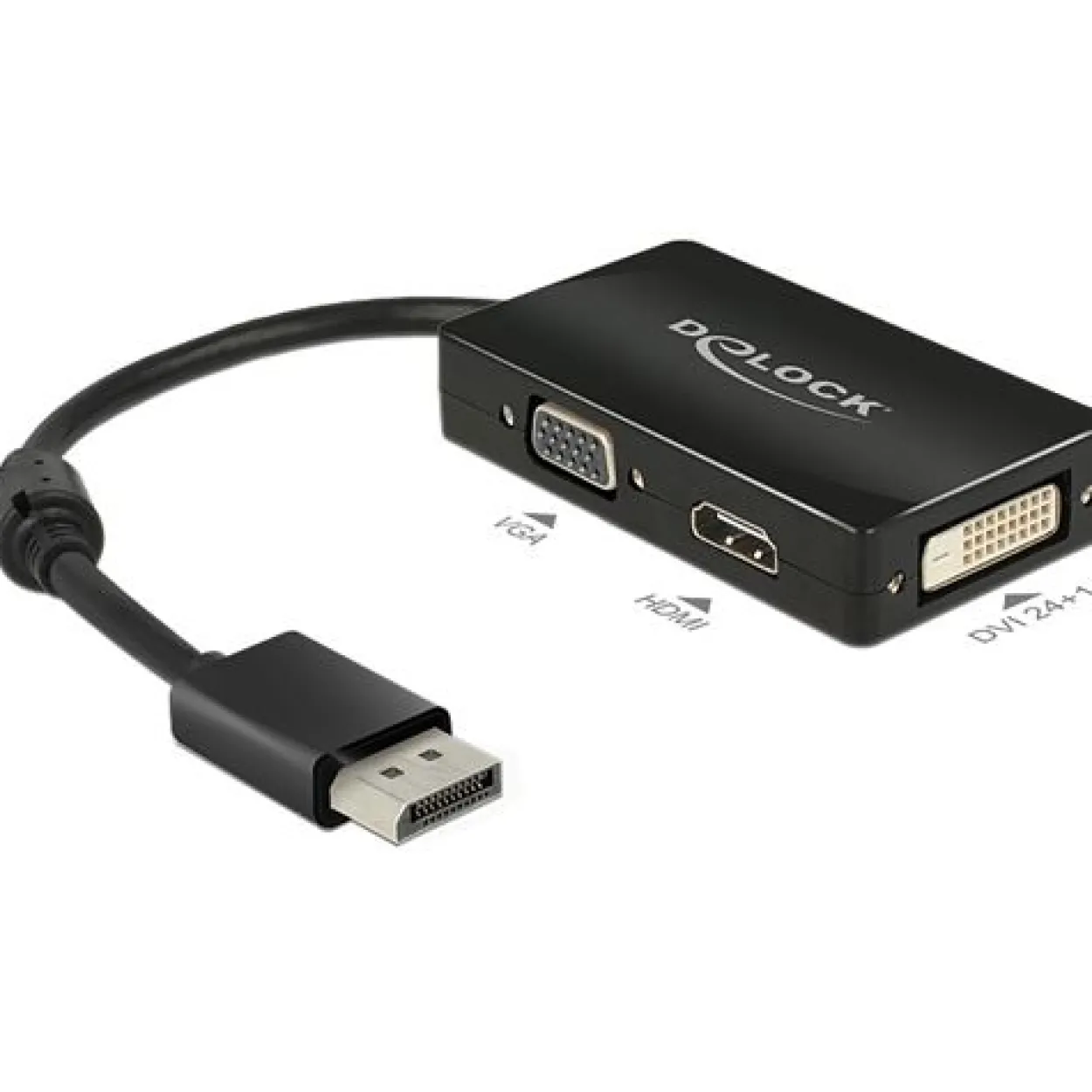 Delock Displayport 1.1 Adapter DP++ Displayport Stecker auf VGA 15pol Buchse + HDMI A-Buchse + DVI-D 24+1 Buchse Schwarz Ferritkern