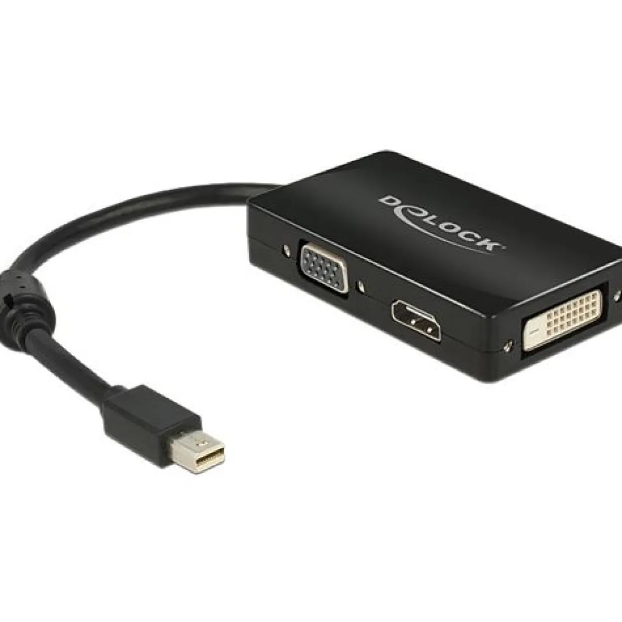 Delock Displayport 1.1 Adapter DP++ Mini Displayport Stecker auf VGA 15pol Buchse + HDMI A-Buchse + DVI-D 24+1 Buchse Schwarz Ferritkern
