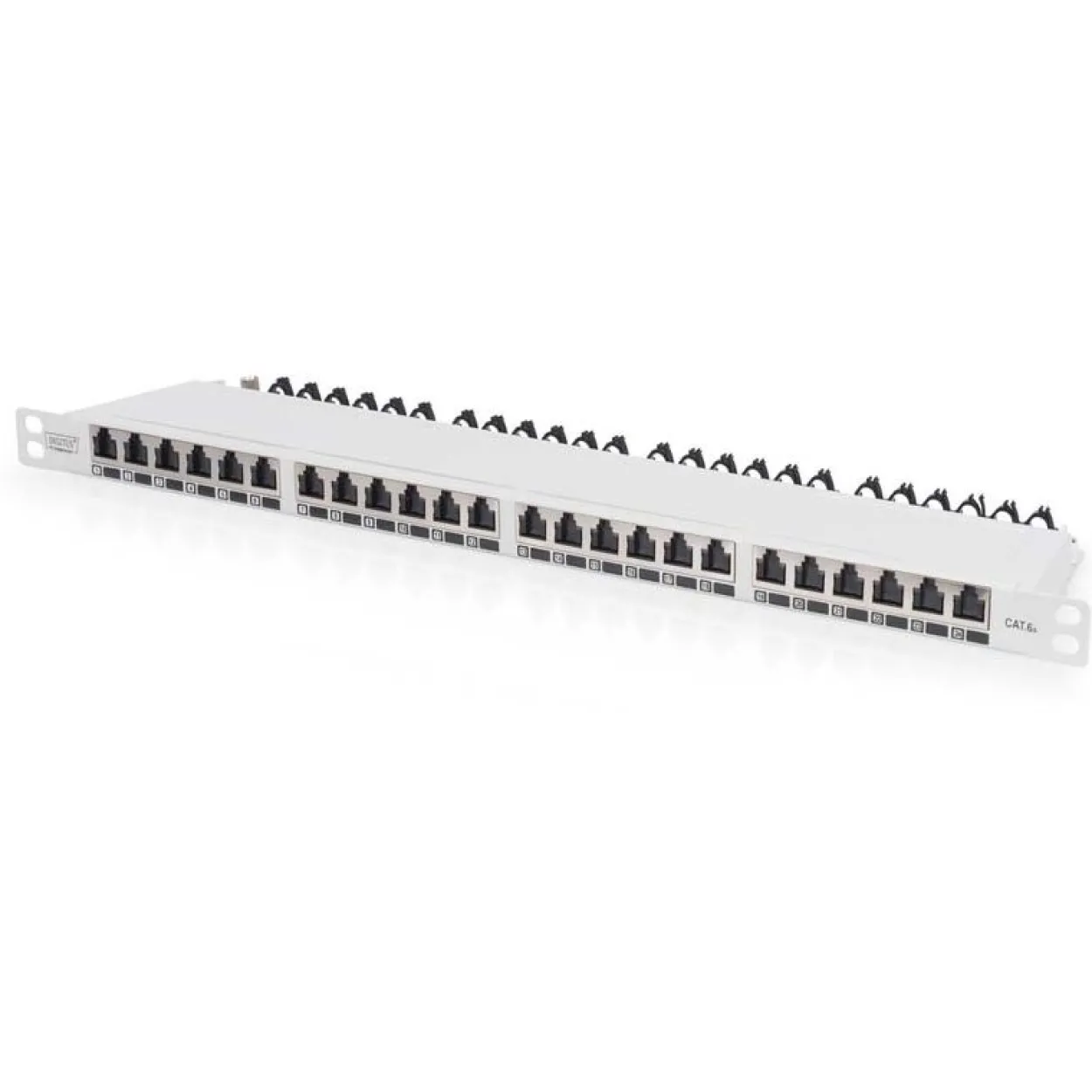 Digitus CAT 6A Klasse EA Patch Panel geschirmt 0.5HE 24-Port RJ45 inkl. Staubschutzklappe 8P8C Farbe Grau RAL 7035