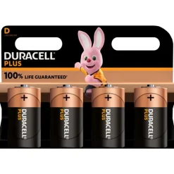 Duracell Batterie Alkaline, Mono, D, LR20, 1.5V Plus, Extra Life, Retail Blister (4-Pack)