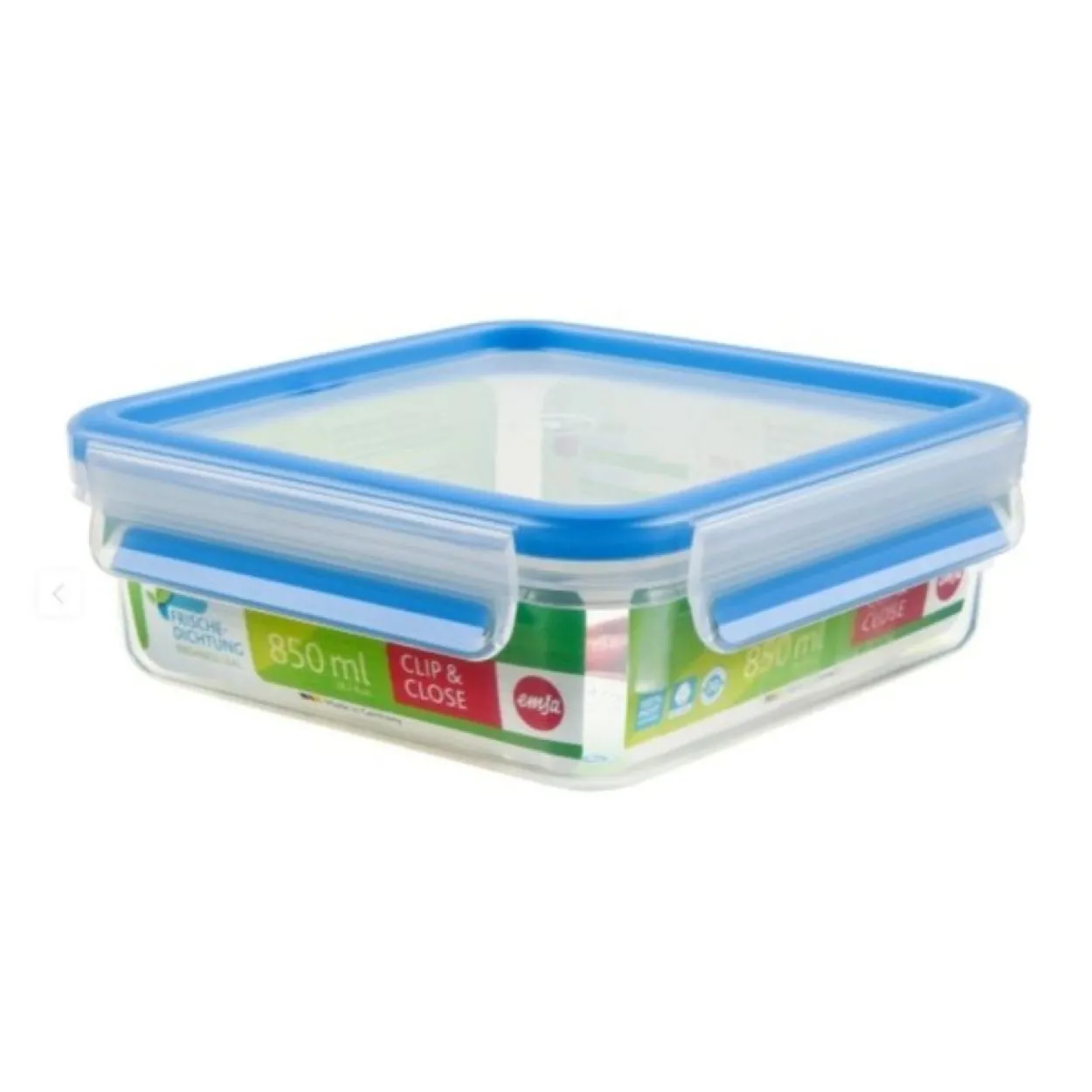Emsa CLIP & CLOSE Frischhaltedose 0,85 Liter (transparent/blau, quadratisch)