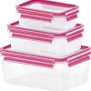 Emsa CLIP & CLOSE Frischhaltedosen-Set, 3-teilig (transparent/himbeere, rechteckig, 3 Dosen + 3 Deckel)