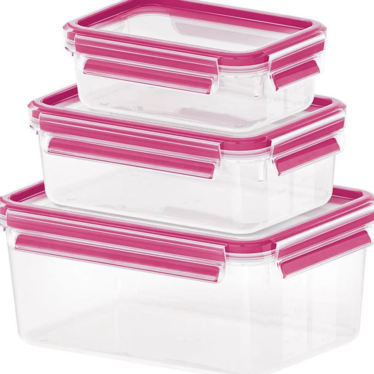 Emsa CLIP & CLOSE Frischhaltedosen-Set, 3-teilig (transparent/himbeere, rechteckig, 3 Dosen + 3 Deckel)