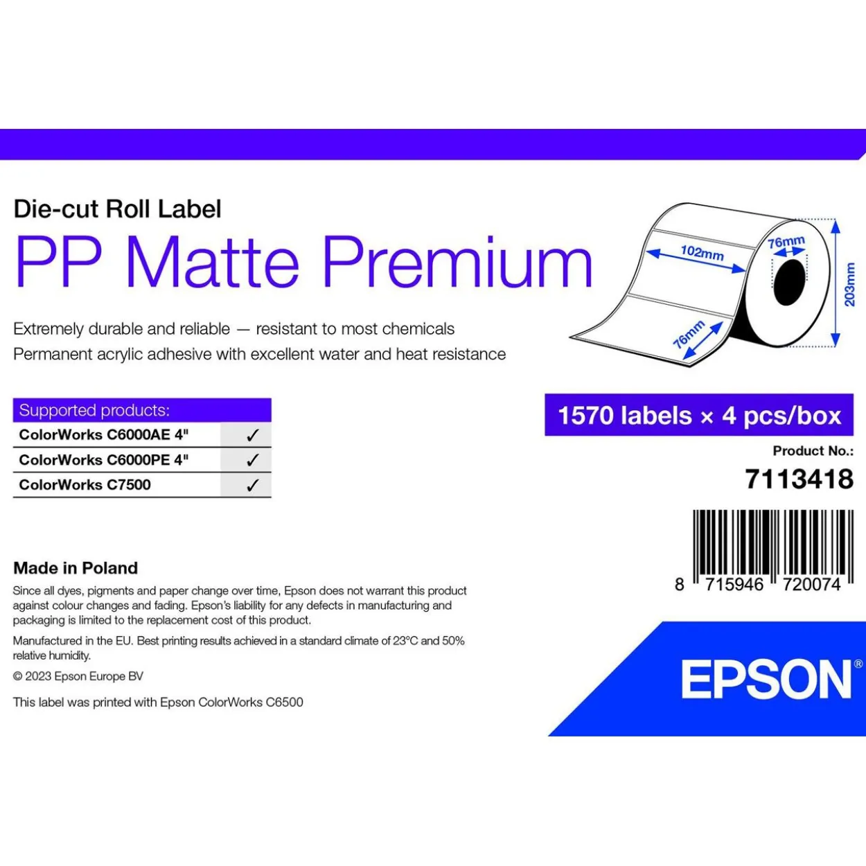 EPSON PP MATTE LABEL PREM DIE-CUT ROLL 102X76MM 1570 LABELS
