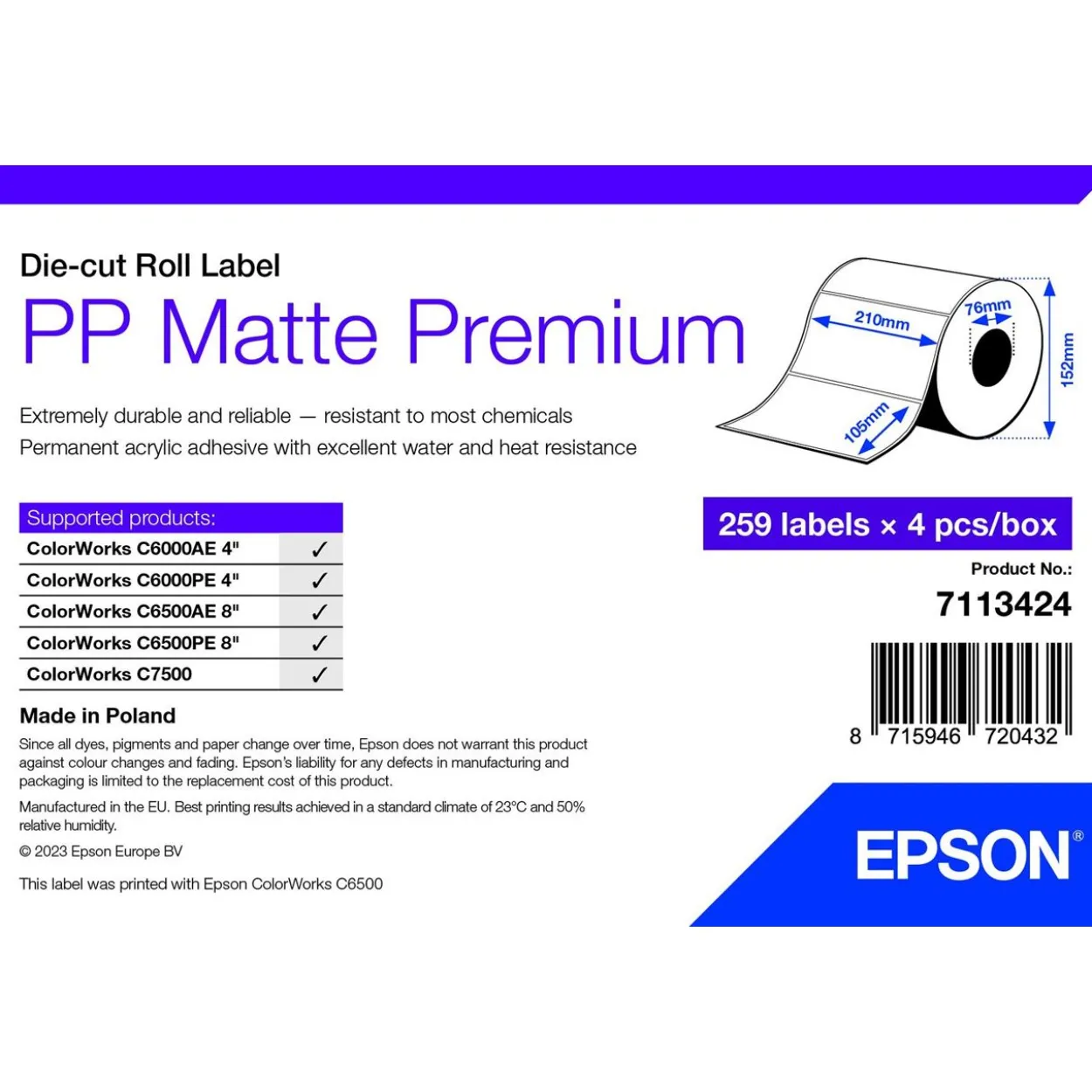EPSON PP MATTE LABEL PREM DIE-CUT ROLL 105X210MM 259 LABELS