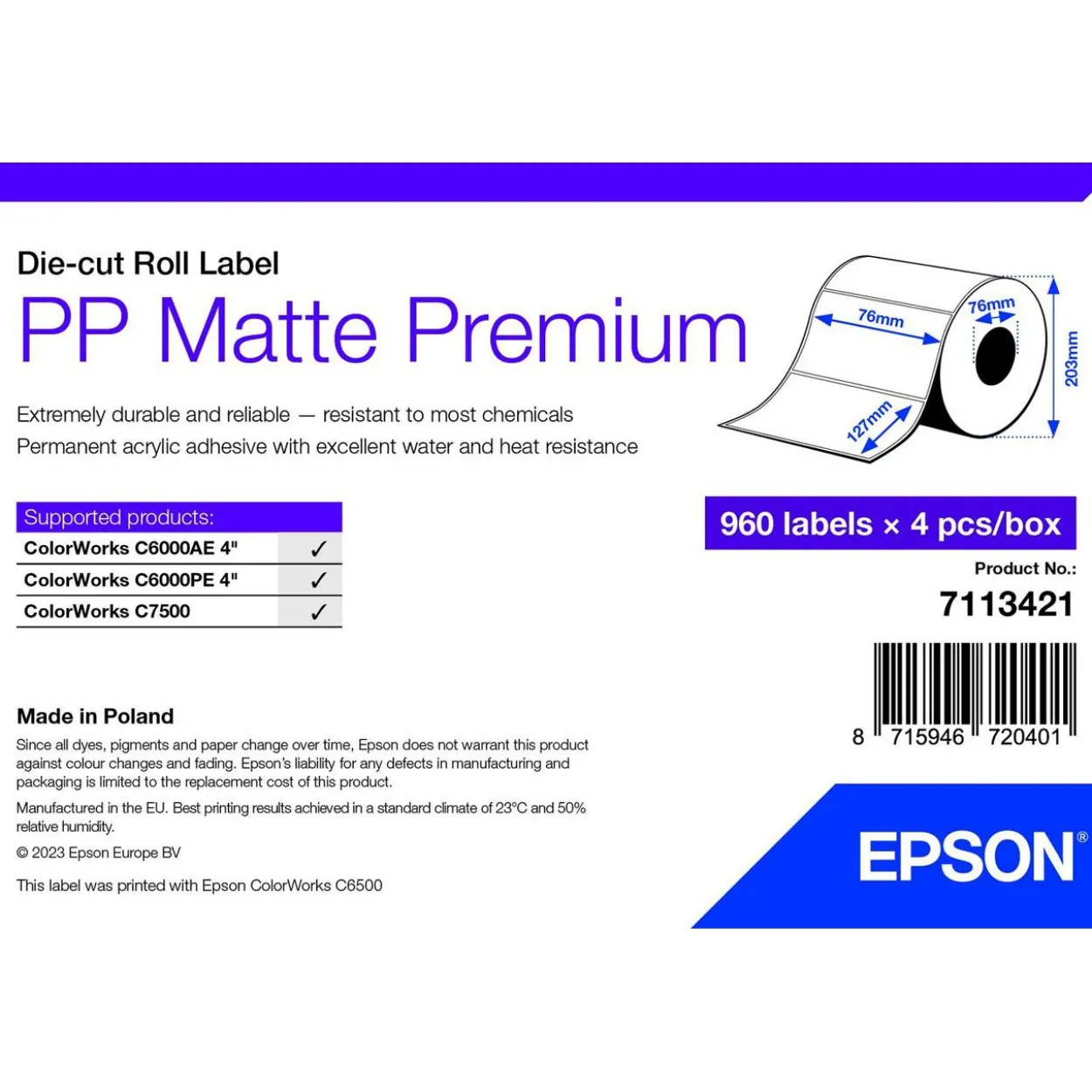 EPSON PP MATTE LABEL PREM DIE-CUT ROLL 76X127MM 960 LABELS