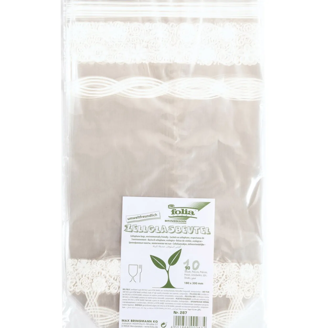 folia Zellglas-Bodenbeutel XL weißer Spitzendruck 18,0 x 30,0 cm 10 St.
