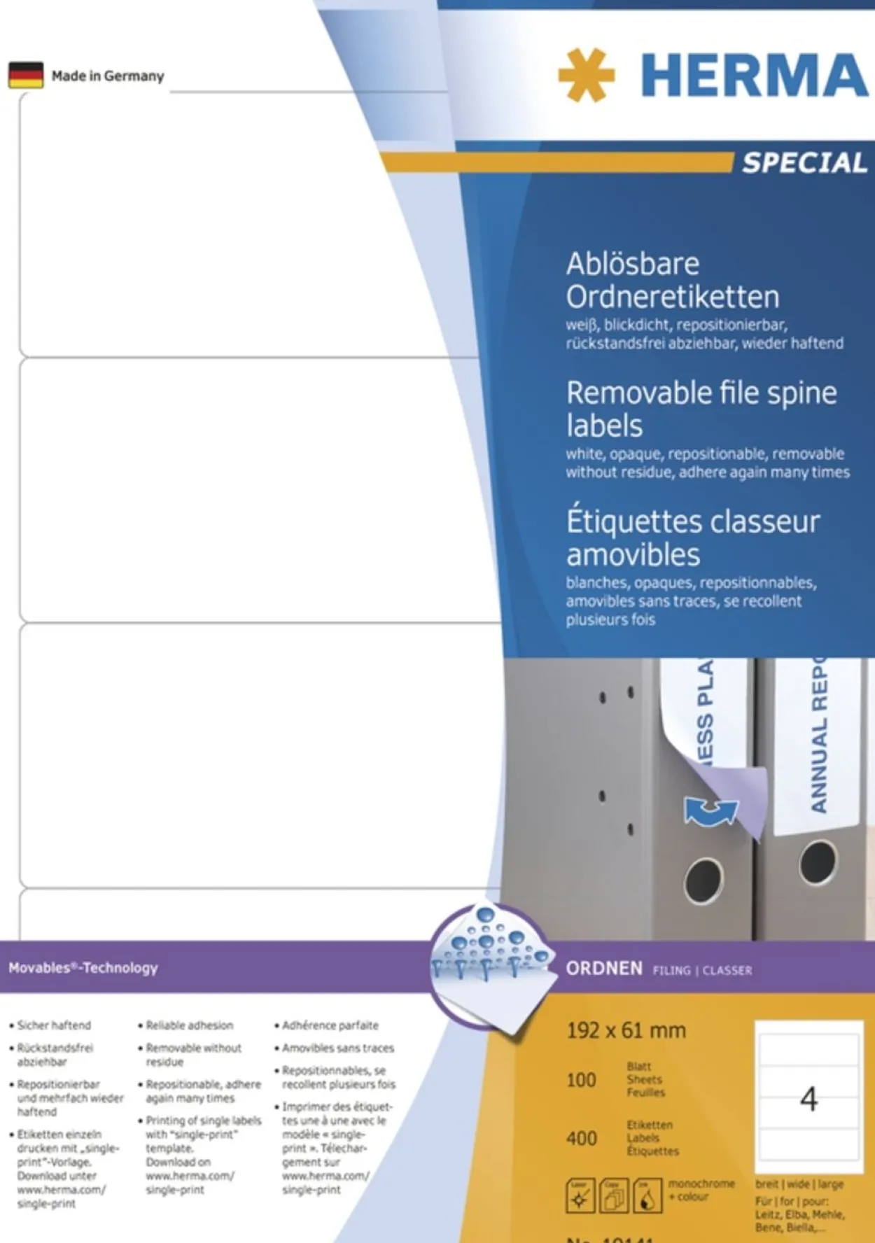 Herma 10141 ablösbar blickdicht Ordneretiketten 19.2x6.1 cm (100 Blatt (400 Etiketten))
