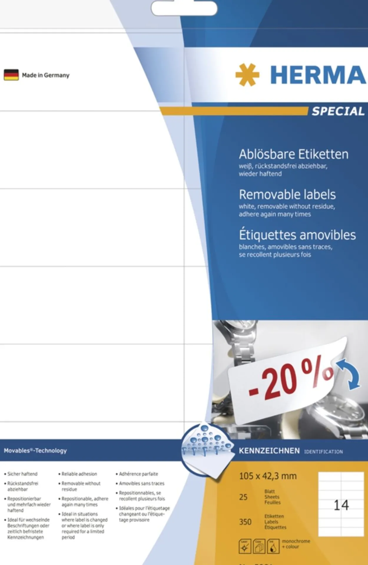 Herma 5081 ablösbar Universal-Etiketten 10.5x4.23 cm (25 Blatt (350 Etiketten))