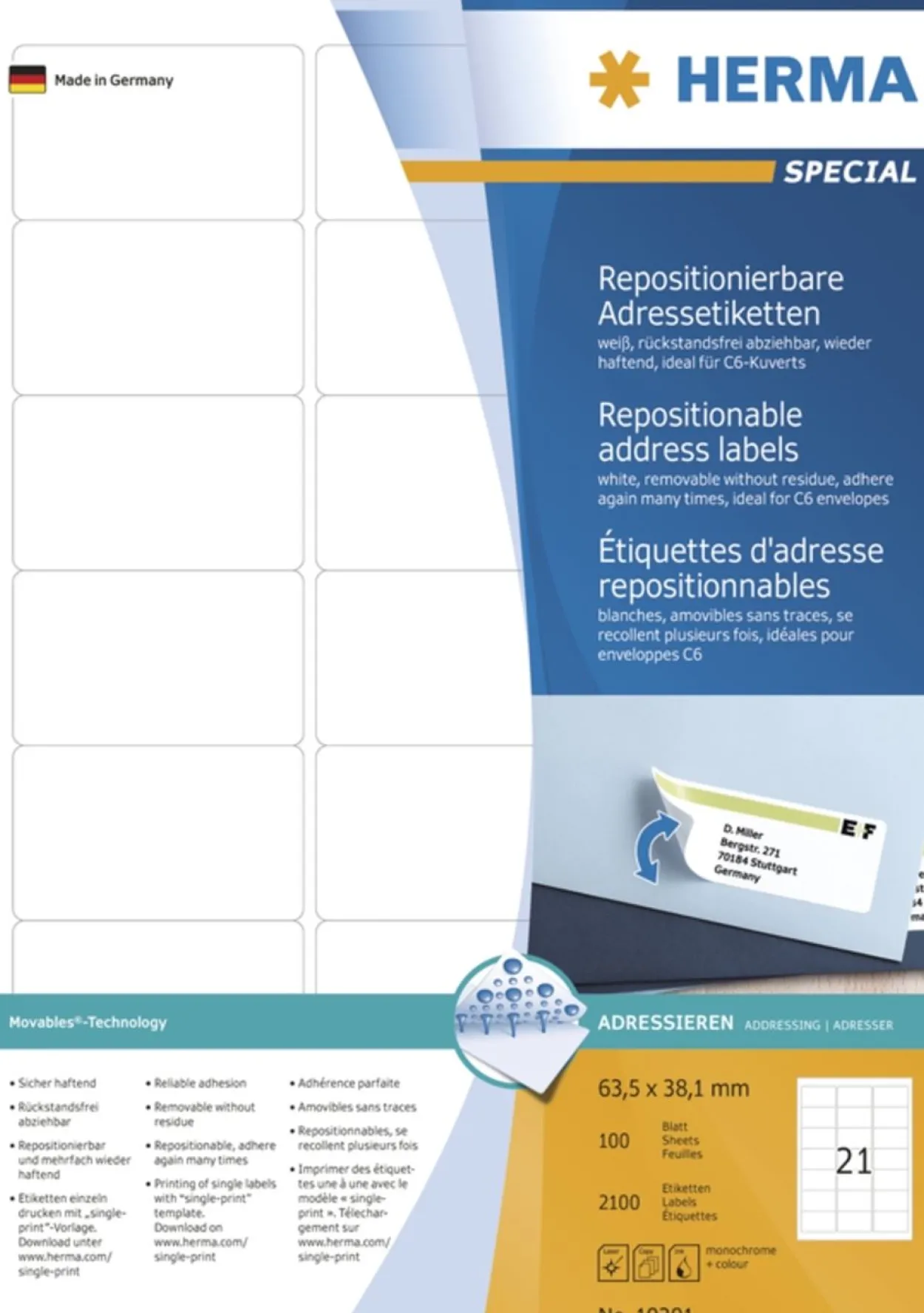 Herma 10301 Adressetiketten 6.35x3.81 cm (100 Blatt (2100 Etiketten))