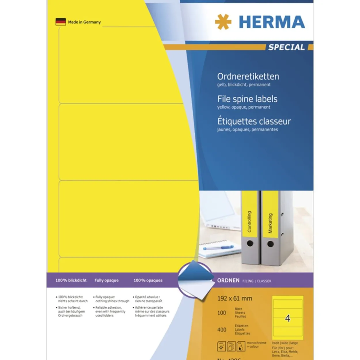 Herma 4296 blickdicht gelb Ordneretiketten 19.2x6.1 cm (100 Blatt (400 Etiketten))