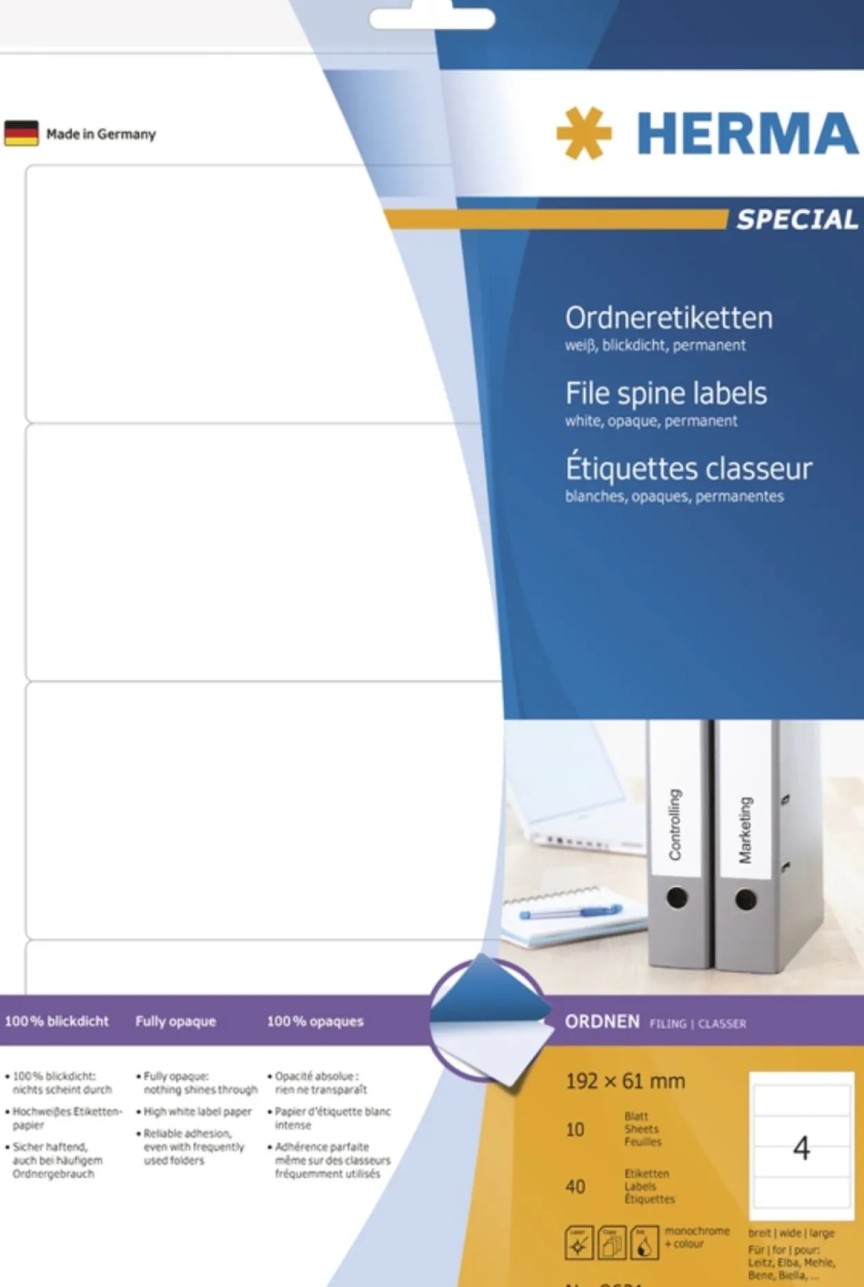Herma 8621 blickdicht Ordneretiketten 19.2x6.1 cm (10 Blatt (40 Etiketten))