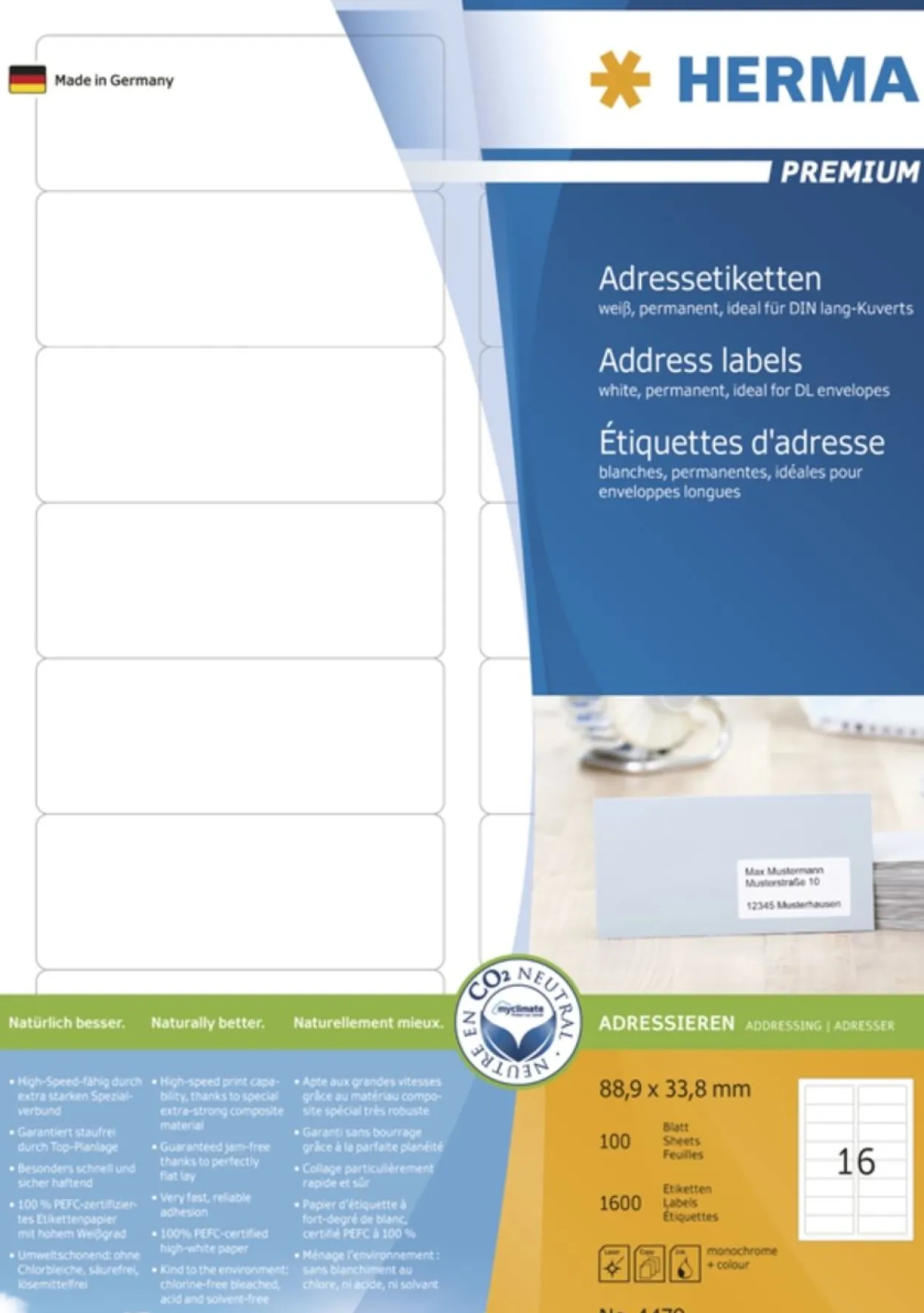 Herma 4479 Premium Adressetiketten 8.89x3.8 cm (100 Blatt (1600 Etiketten))