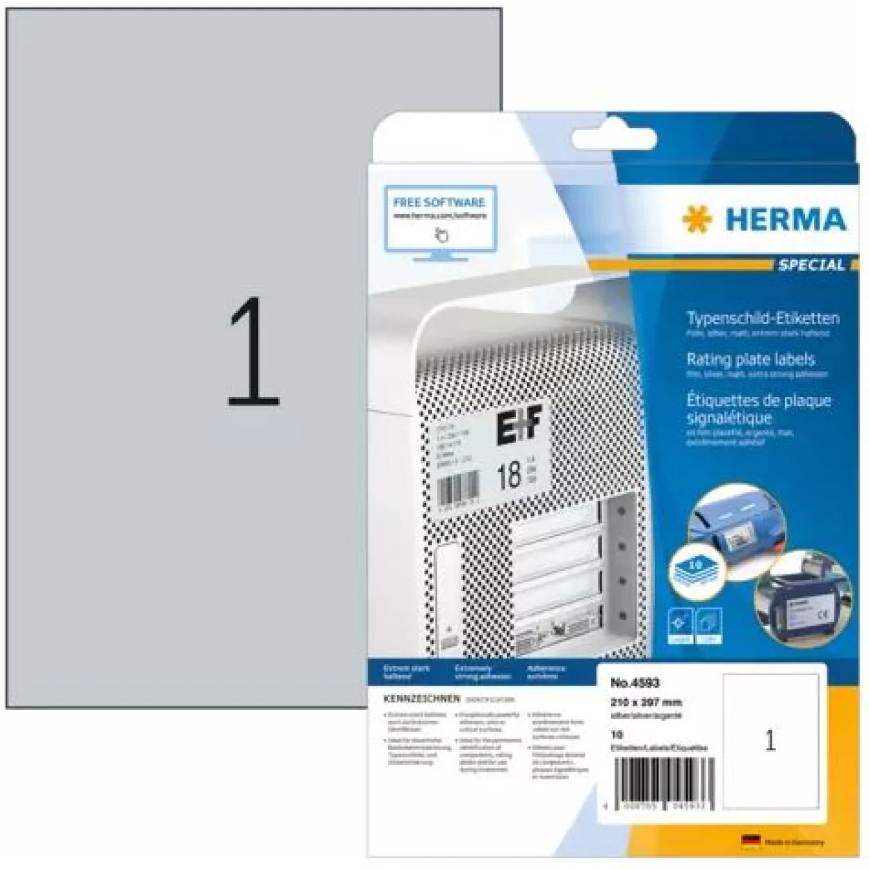 HERMA Typenschild-Etiketten SPECIAL, 210 x 297 mm, silber