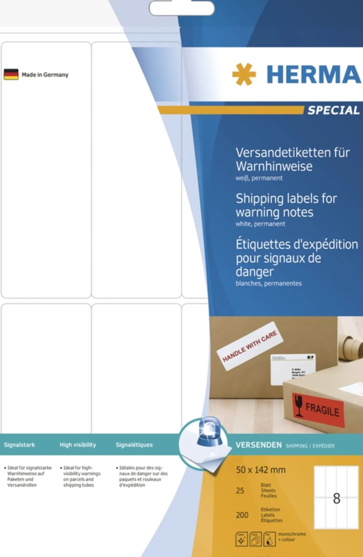 Herma 8326 Warnhinweis Versand-Etiketten 5x14.2 cm (25 Blatt (200 Etiketten))