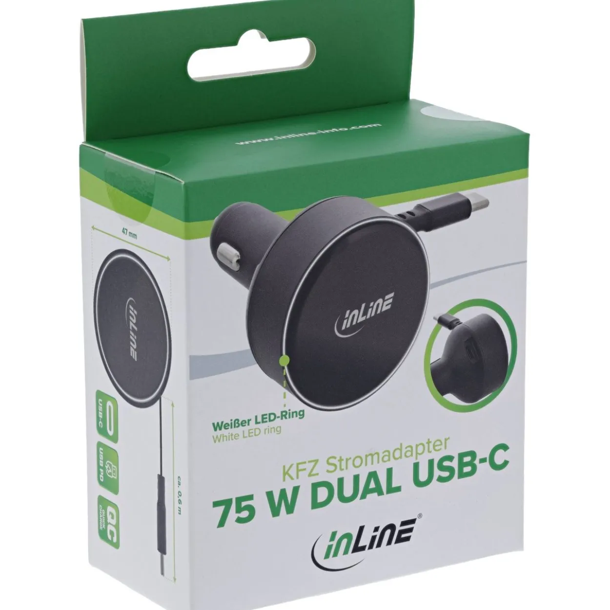 InLine Dual USB-C KFZ Stromadapter 12/24V, ausziehbares Kabel + Buchse, 75W
