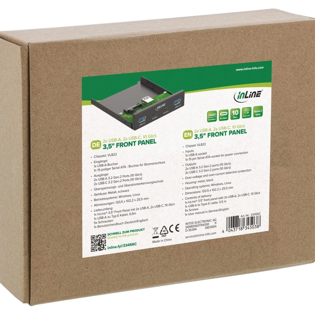 InLine 3,5" Front Panel, 2x USB-A + 2x USB-C, 10 Gb/s, Metall, schwarz