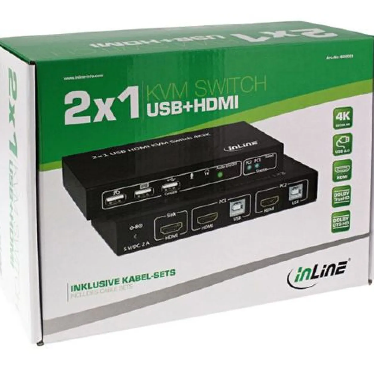 InLine KVM Desktop Switch, 2-fach, HDMI, USB 2.0 Hub, mit Audio