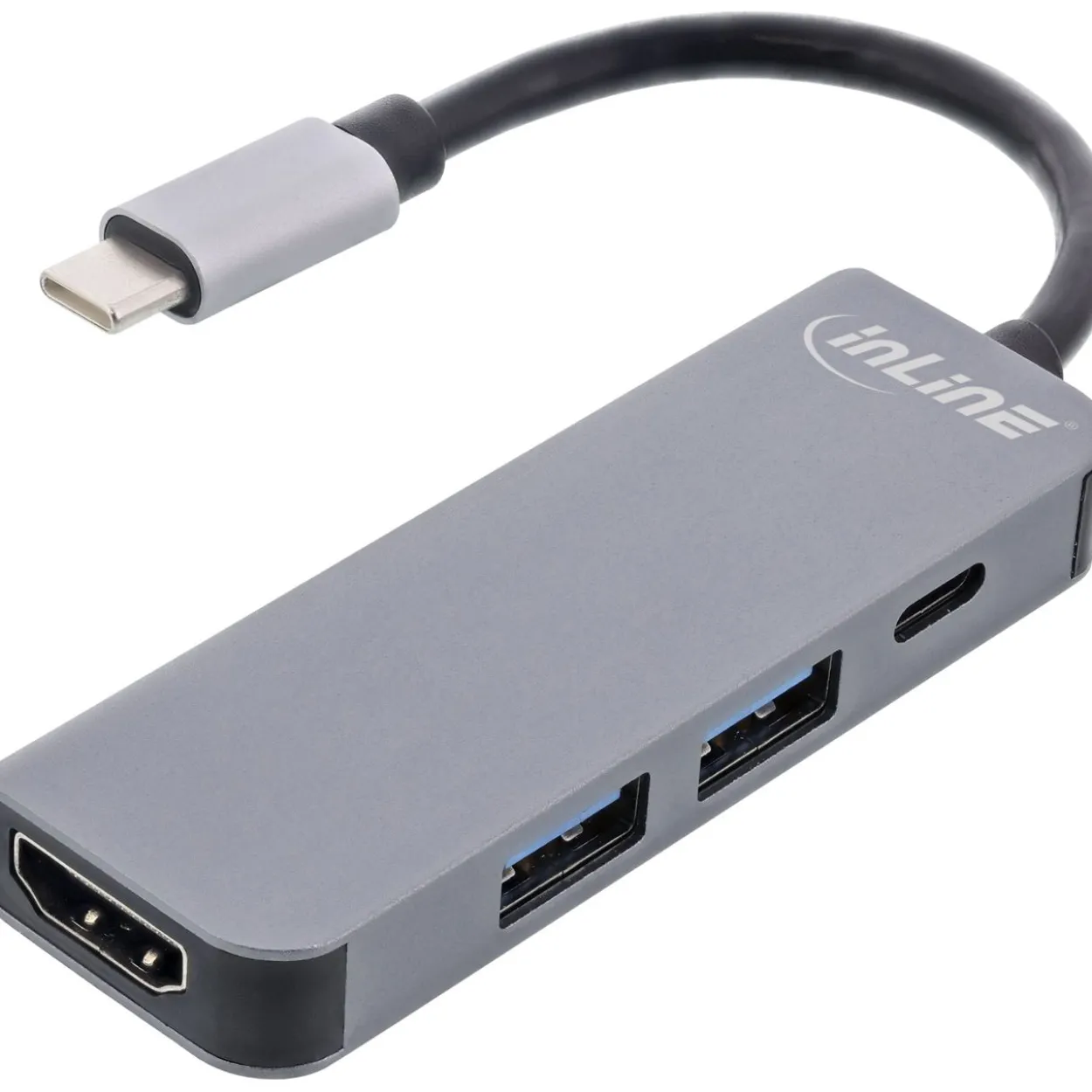 InLine Multifunktions-Hub USB 3.2 Gen.1, 2x USB-A 5Gb/s + HDMI 4K/30Hz + USB Typ-C PD 87W, Aluminium, grau