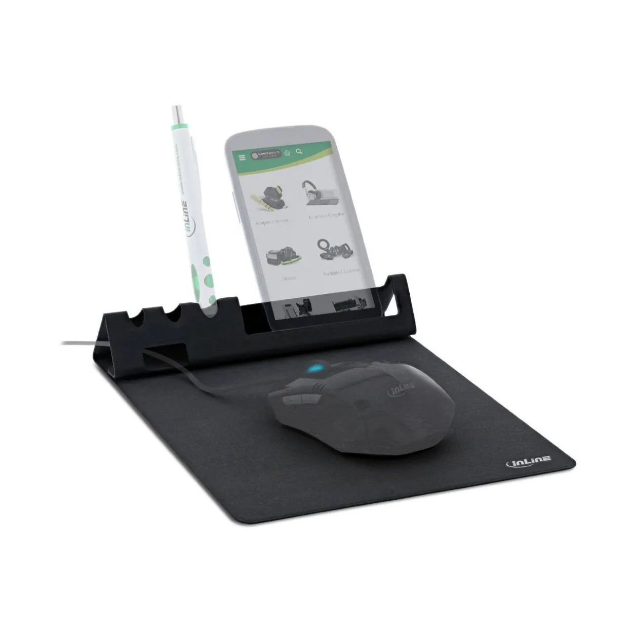 InLine Multifunktions-Mauspad mit Smartphone- und Stiftehalter, faltbar, schwarz