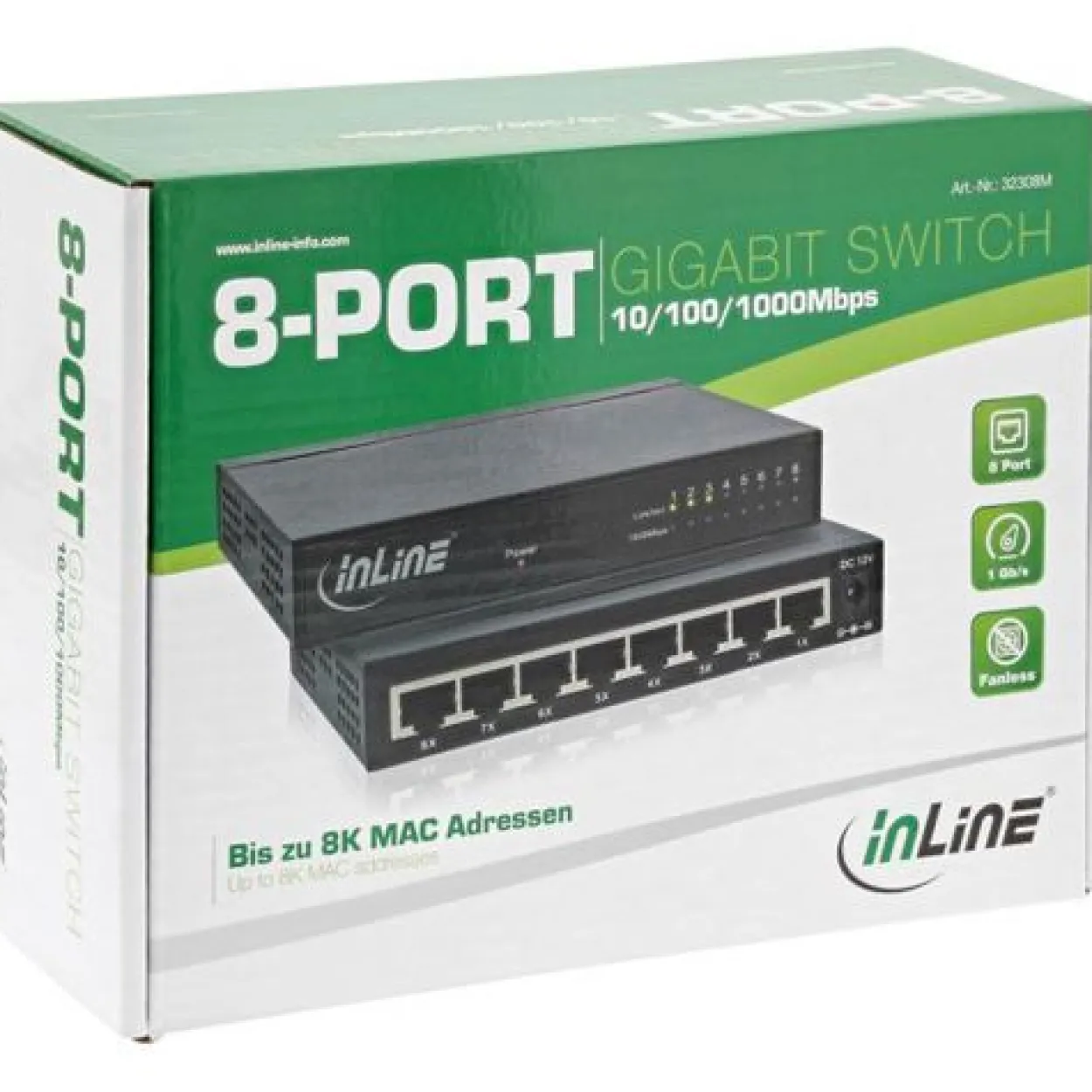 InLine Netzwerk Switch 8 Port, Gigabit Ethernet, 10/100/1000MBit/s, Desktop, Metall, lüfterlos, geschirmte Ports