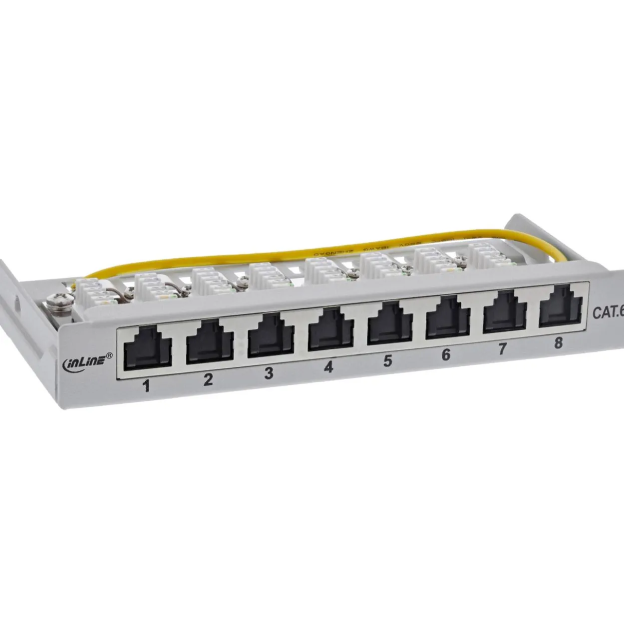 InLine Patchfeld Cat.6A 0,5HE 8-fach, für Tisch/Wand/Hutschiene, mit Staubschutz, grau