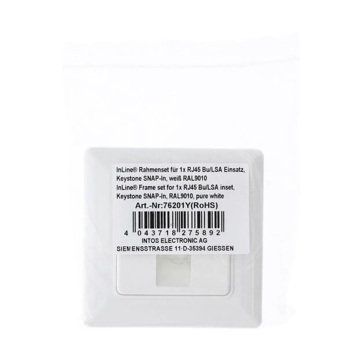 InLine Rahmenset für 1x RJ45 Bu/LSA Einsatz, Keystone SNAP-In, RAL9010, weiß
