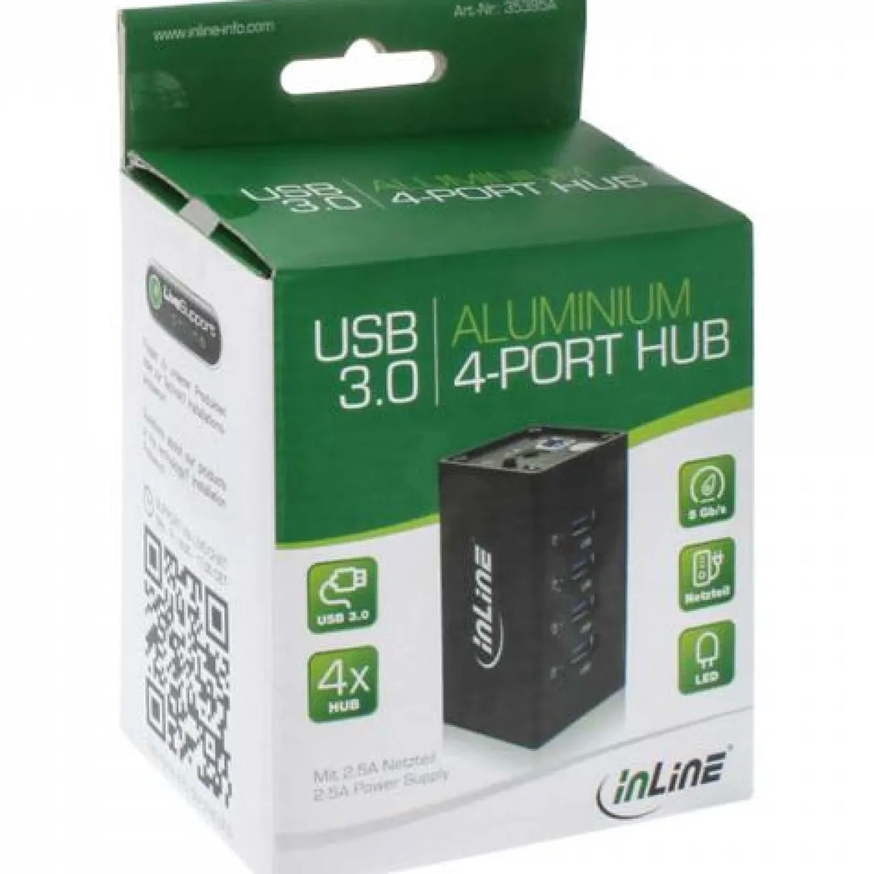 InLine USB 3.0 Aluminium Hub, 4 Port, schwarz, mit 2,5A Netzteil