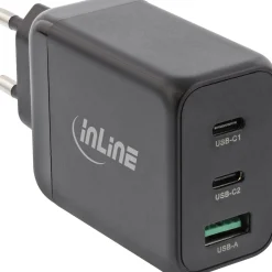 InLine USB PD Netzteil, GaN Ladegerät, 3-Port, Dual USB-C + USB-A, 65W, schwarz