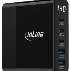 InLine USB PD Netzteil, GaN Ladegerät, 5-Port, USB-C + USB-A, 140W, mit Display