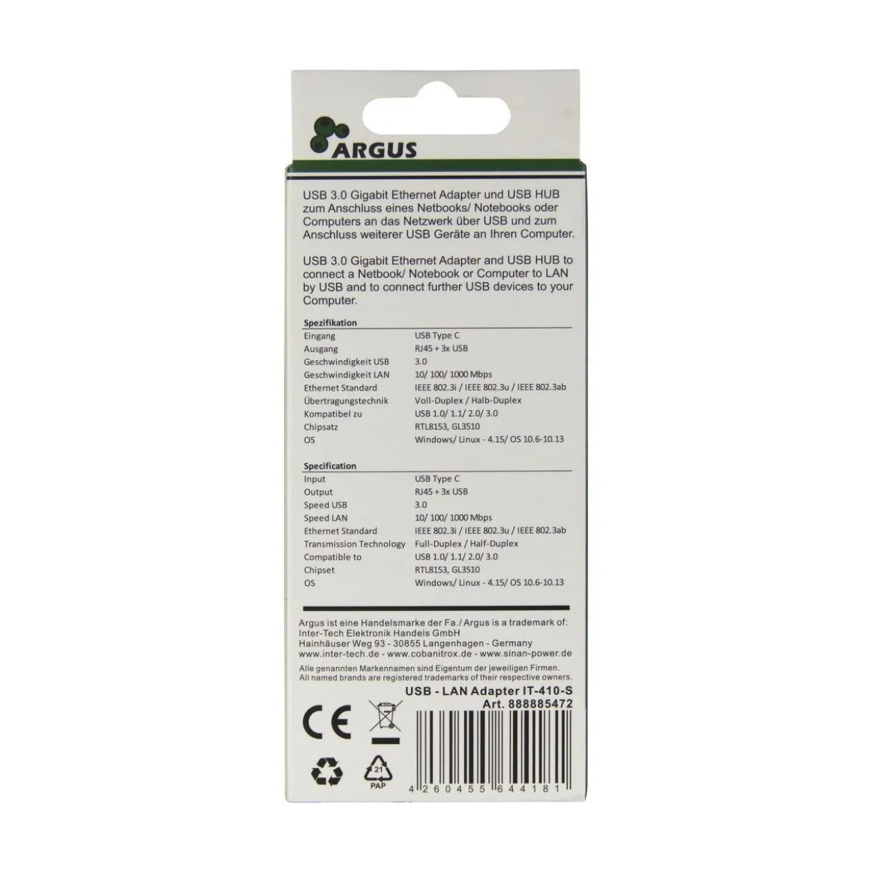 Inter-Tech AC Adapter IT-410-S USB Type C - USB HUB/ Gbit LAN