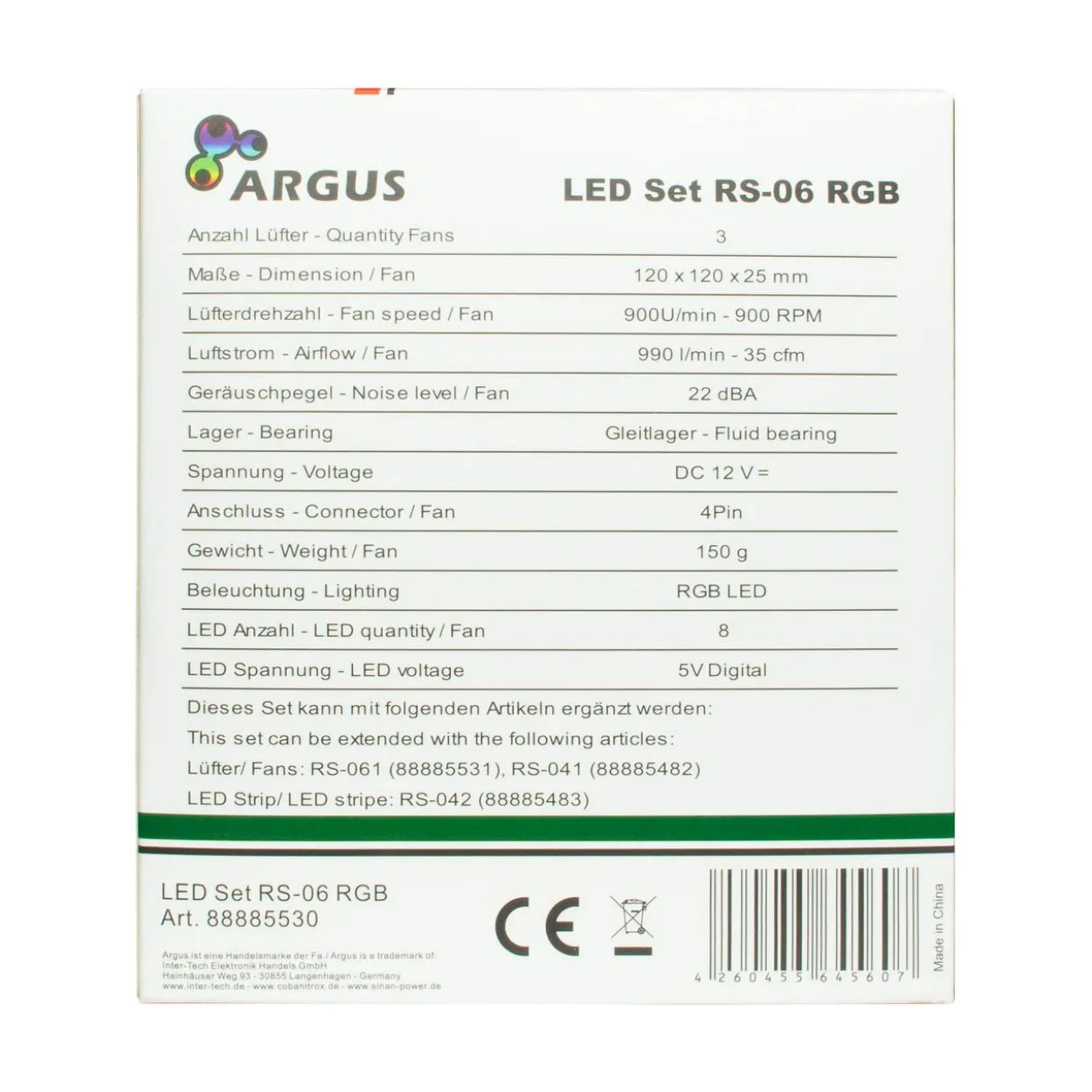 Inter-Tech Argus RS-06 RGB 3er-Pack 120x120x25mm 1200 U/min 22 dB(A) weiß/transparent